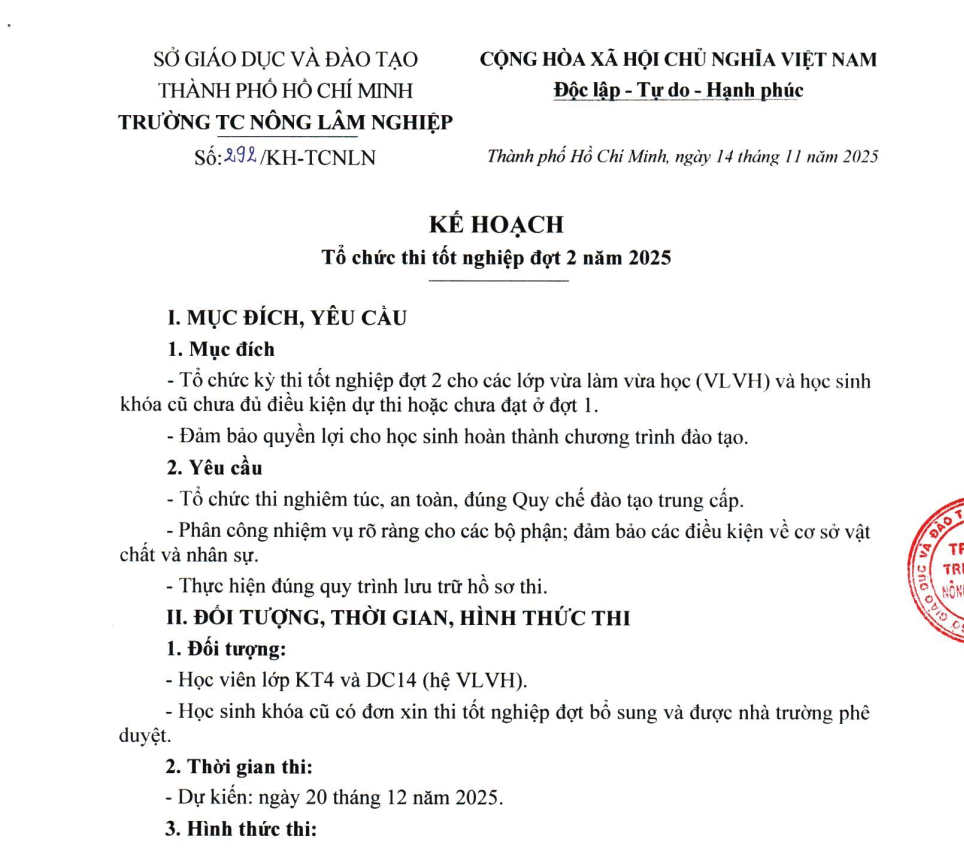 Kế hoạch thi tốt nghiệp đợt 2 năm 2025 (KT4, DC14, khóa cũ)